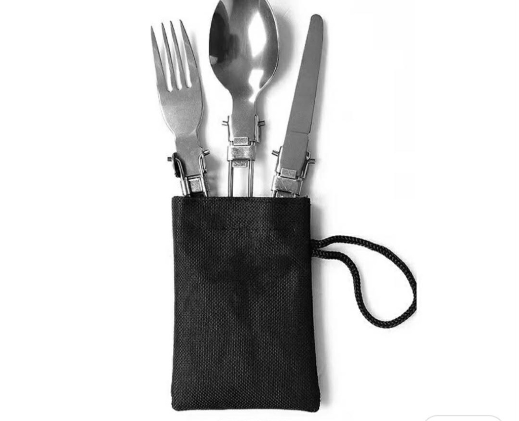 Foldable steel cutlery set in a pouch